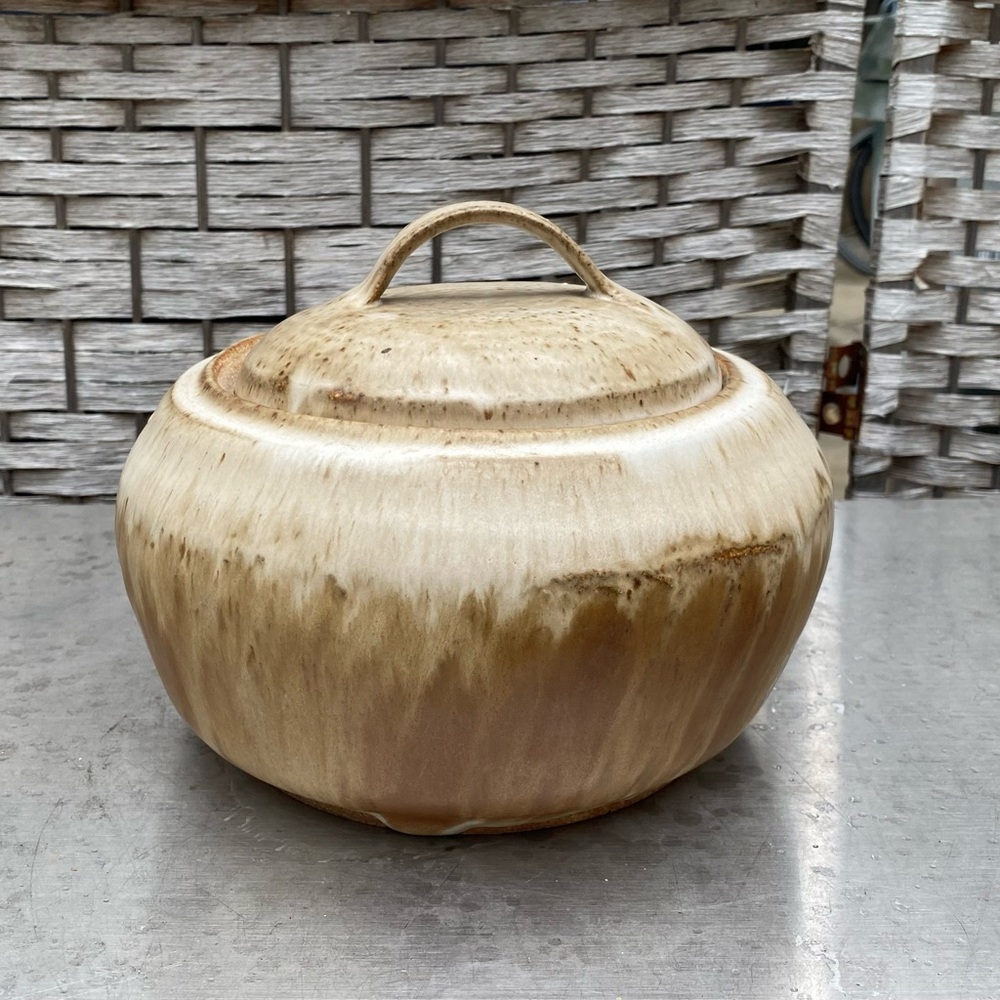 Vintage Studio Art Pottery Ceramic Stoneware Dish Bowl Salt Lid Signed 1984